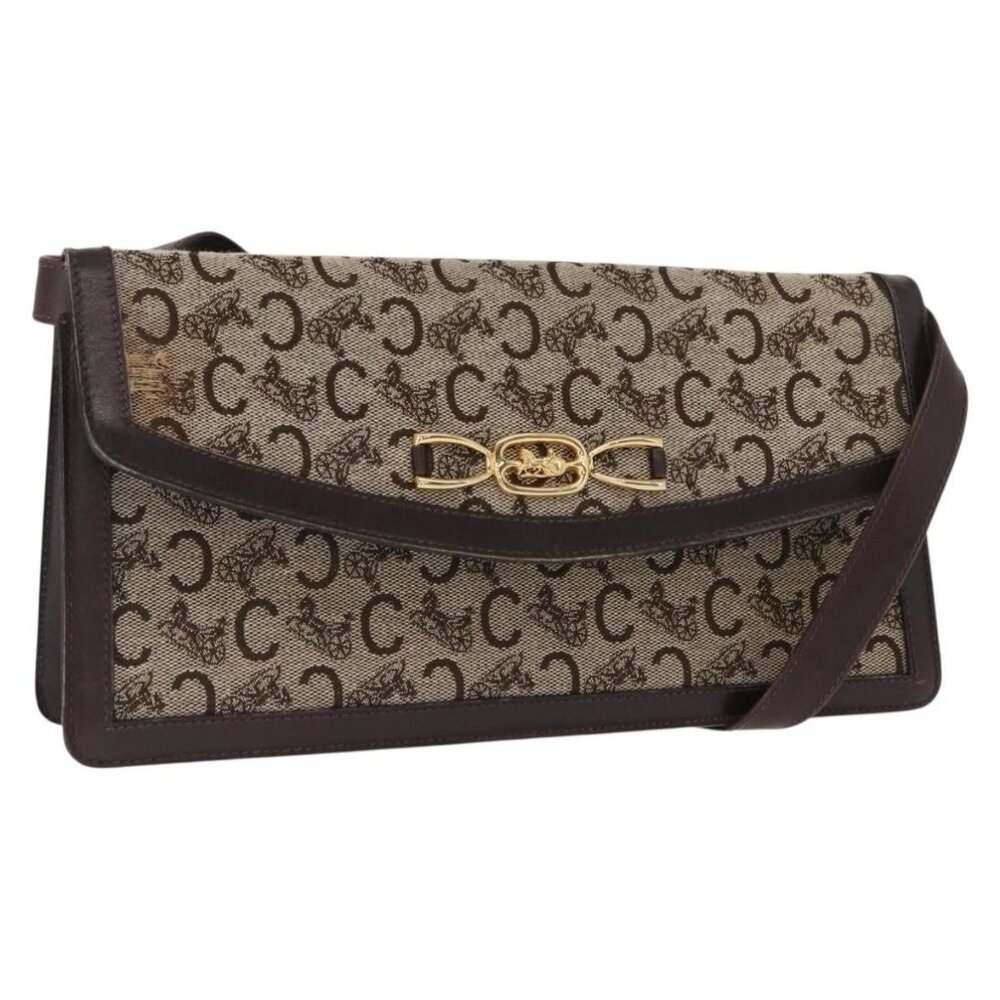 Authentic CELINE C Sulky Shoulder Bag Canvas Brown Gold